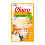 Churu Variedades de Pollo y Pollo Ostión ofrece 10 tubos cremosos con ingredientes de grado humano, sin granos ni conservantes. Ideal como snack premium.