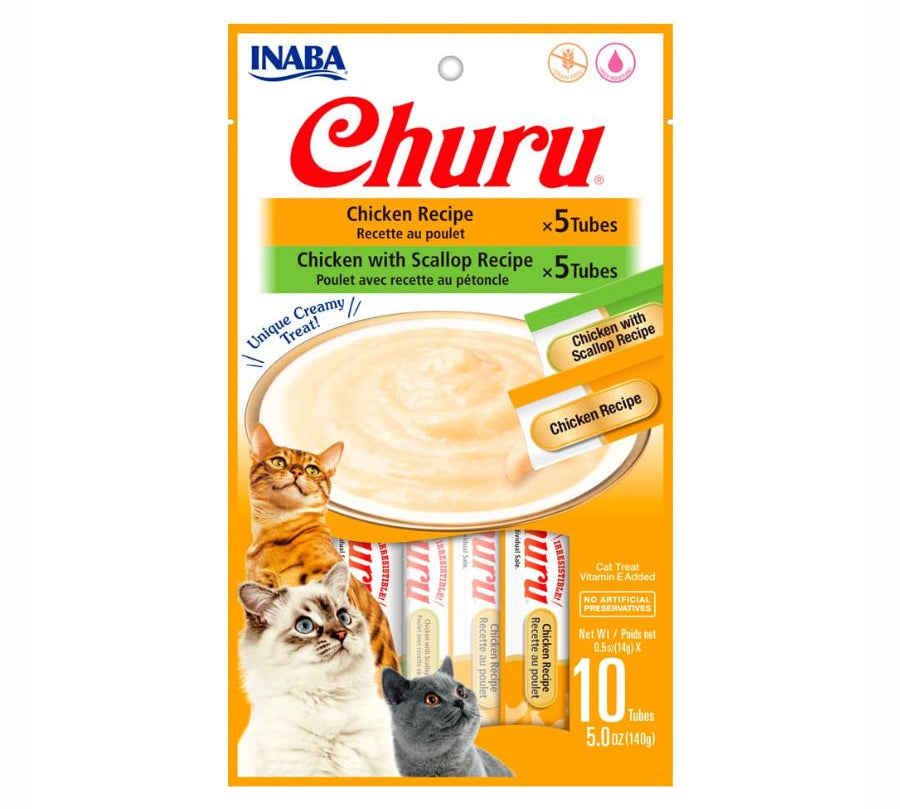 Churu Variedades de Pollo y Pollo Ostión ofrece 10 tubos cremosos con ingredientes de grado humano, sin granos ni conservantes. Ideal como snack premium.