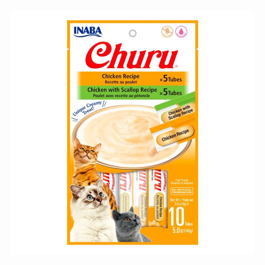 Churu Variedades de Pollo y Pollo Ostión ofrece 10 tubos cremosos con ingredientes de grado humano, sin granos ni conservantes. Ideal como snack premium.