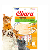 Churu Variedades de Pollo y Pollo Ostión ofrece 10 tubos cremosos con ingredientes de grado humano, sin granos ni conservantes. Ideal como snack premium.