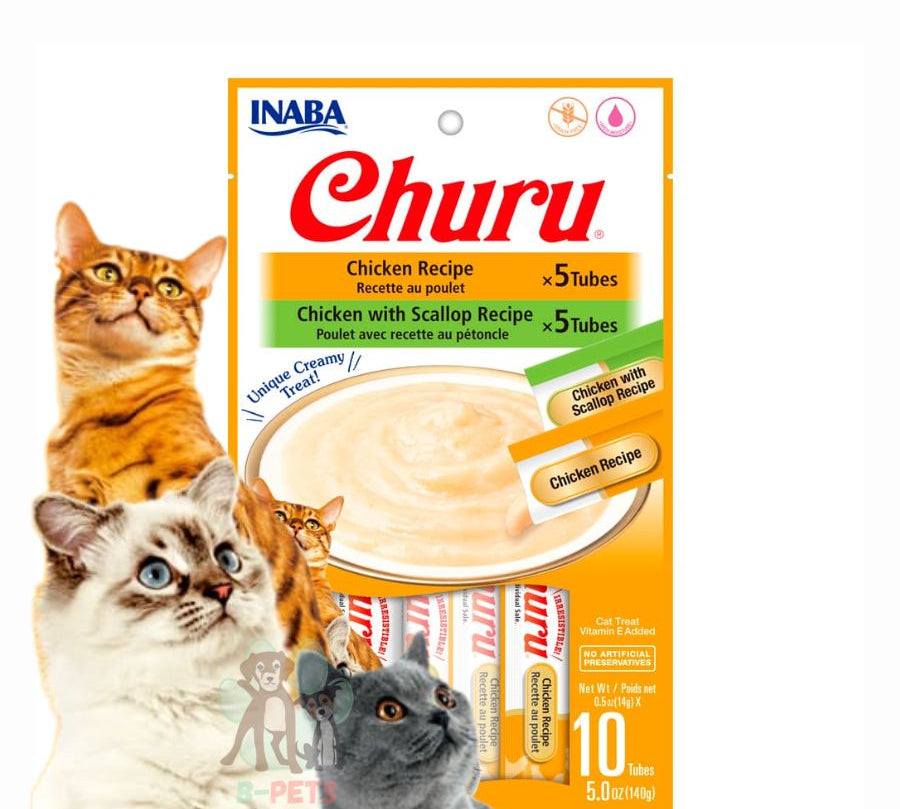 Churu Variedades de Pollo y Pollo Ostión ofrece 10 tubos cremosos con ingredientes de grado humano, sin granos ni conservantes. Ideal como snack premium.