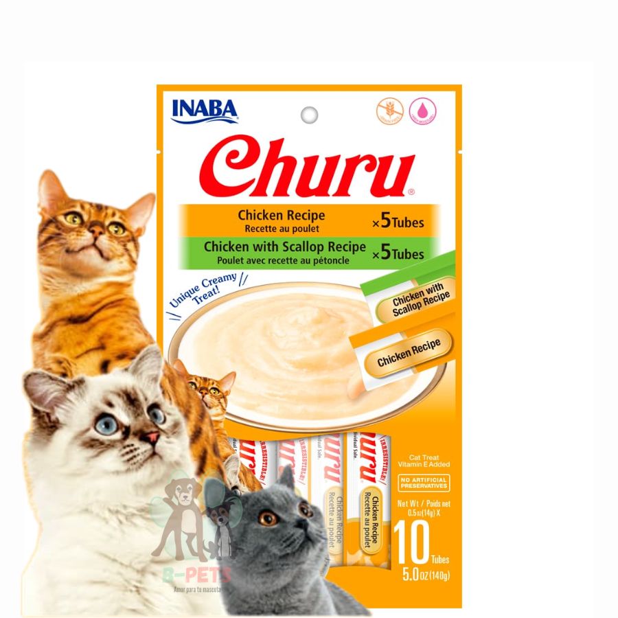 Churu Variedades de Pollo y Pollo Ostión ofrece 10 tubos cremosos con ingredientes de grado humano, sin granos ni conservantes. Ideal como snack premium.