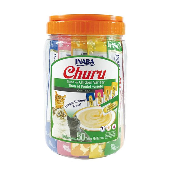 Churu Variedades Atún y Pollo (50 tubos): Paquete surtido de snacks cremosos para gatos, con sabores de atún, pollo, salmón y queso. Alto en humedad, ideal para la salud.