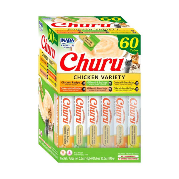 Churu Variedades de Pollo (60 unidades), snack cremoso con ingredientes de grado humano, sin granos ni conservantes, enriquecido con vitamina E y té verde.