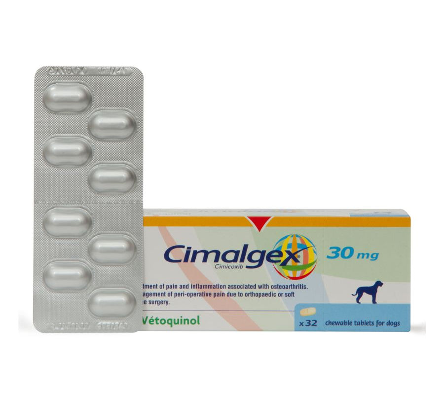 Cimalgex 30mg alivia eficazmente el dolor en perros por osteoartritis o cirugía. Comprimidos palatables de uso diario y seguro.