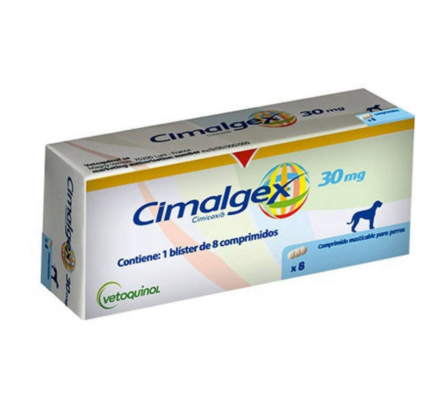 Cimalgex 30mg alivia eficazmente el dolor en perros por osteoartritis o cirugía. Comprimidos palatables de uso diario y seguro.
