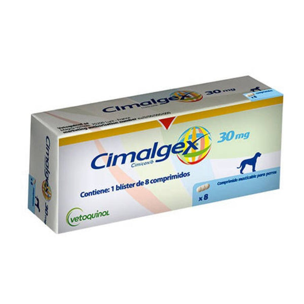Cimalgex 30mg alivia eficazmente el dolor en perros por osteoartritis o cirugía. Comprimidos palatables de uso diario y seguro.