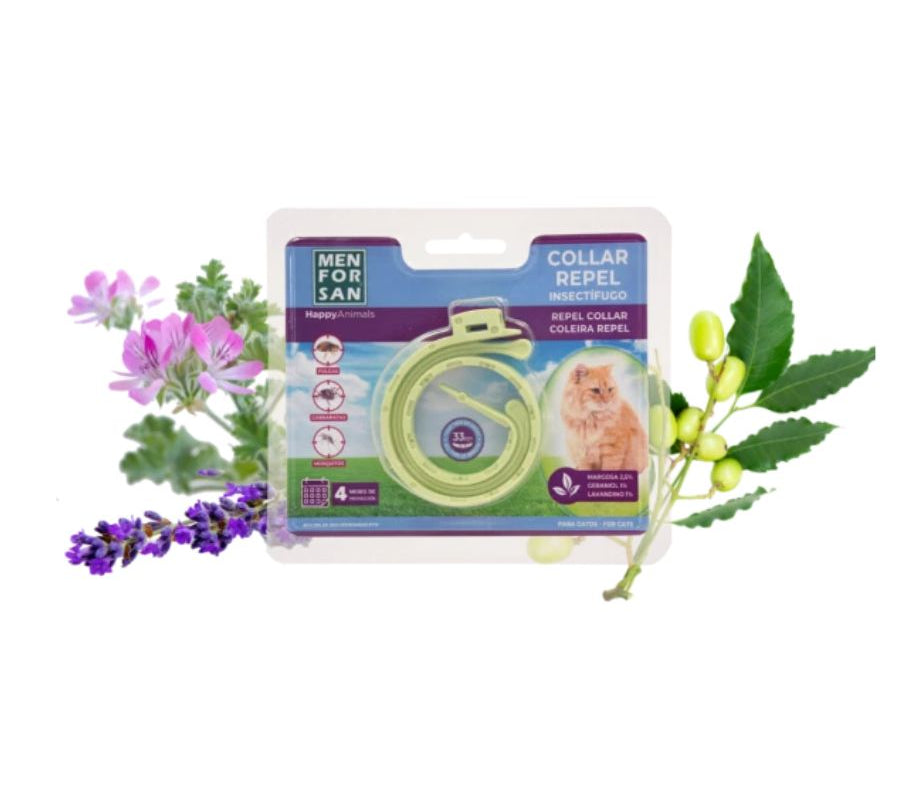 Collar Anti-Insectos para Gatos Men for San, con margosa, geraniol y lavandino, protege contra pulgas, garrapatas y mosquitos hasta por 3 meses.