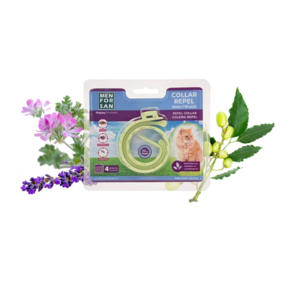 Collar Anti-Insectos para Gatos Men for San, con margosa, geraniol y lavandino, protege contra pulgas, garrapatas y mosquitos hasta por 3 meses.