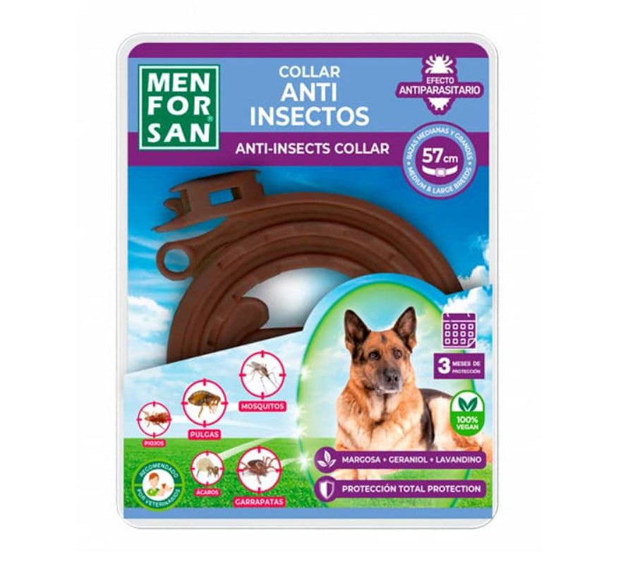Collar Anti-Insectos para Perros Men for San, con extractos naturales que protegen contra pulgas, garrapatas y mosquitos hasta por 3 meses.