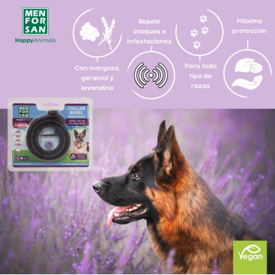 Collar Anti-Insectos para Perros Men for San, con extractos naturales que protegen contra pulgas, garrapatas y mosquitos hasta por 3 meses.