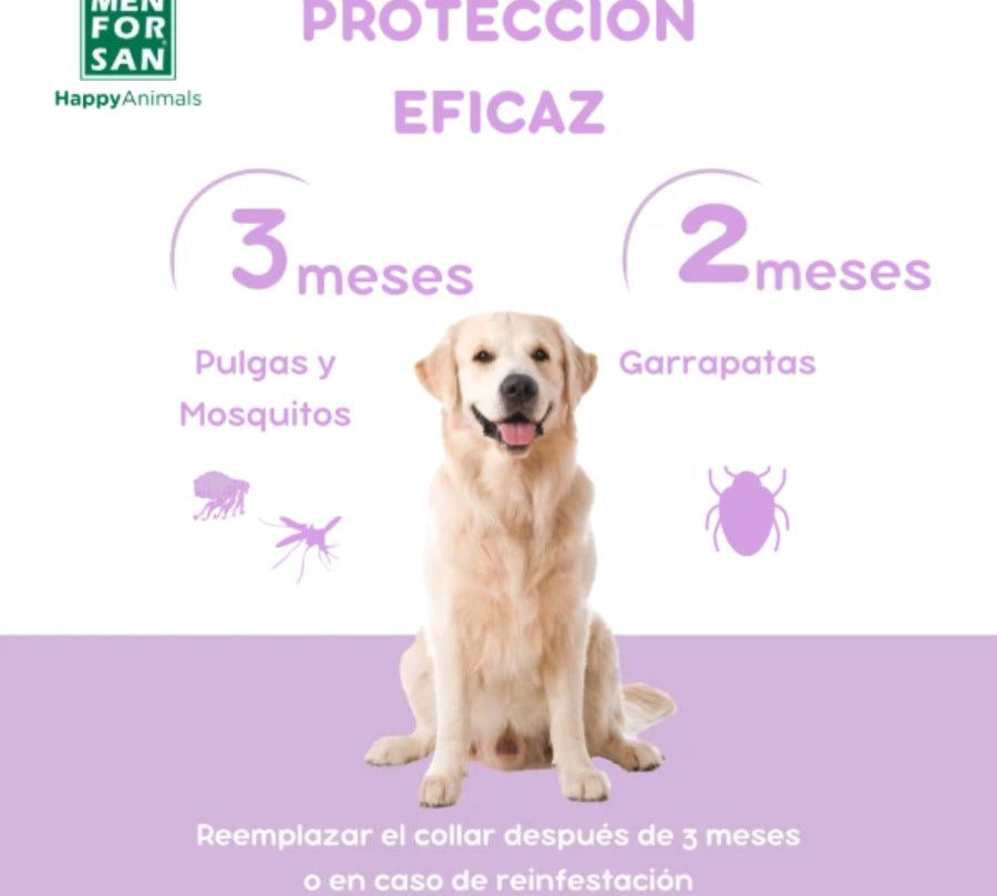 Collar Anti-Insectos para Perros Men for San, con extractos naturales que protegen contra pulgas, garrapatas y mosquitos hasta por 3 meses.