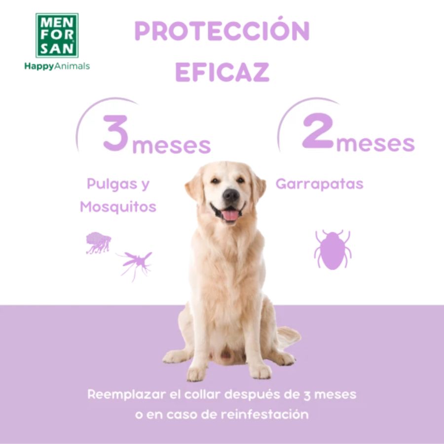 Collar Anti-Insectos para Perros Men for San, con extractos naturales que protegen contra pulgas, garrapatas y mosquitos hasta por 3 meses.