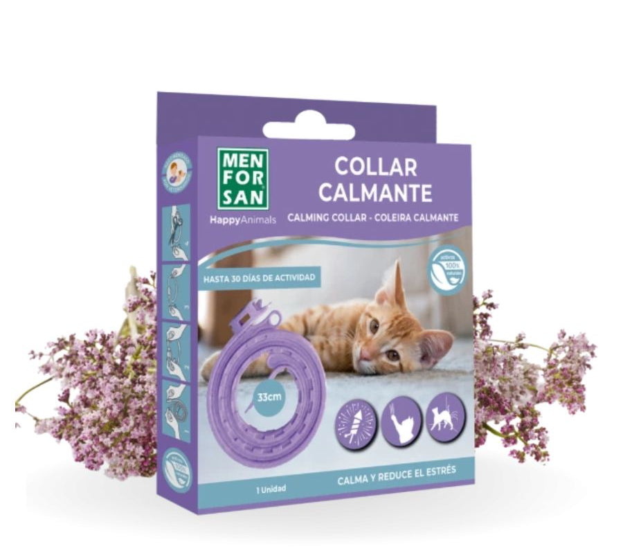 Collar Calmante para Gatos Men for San con valeriana natural, ideal para reducir ansiedad, estrés y mejorar el comportamiento felino.