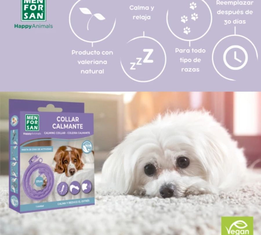 Collar Calmante para Perros Men for San con valeriana natural, reduce ansiedad, estrés y conductas no deseadas. Ajustable y seguro.