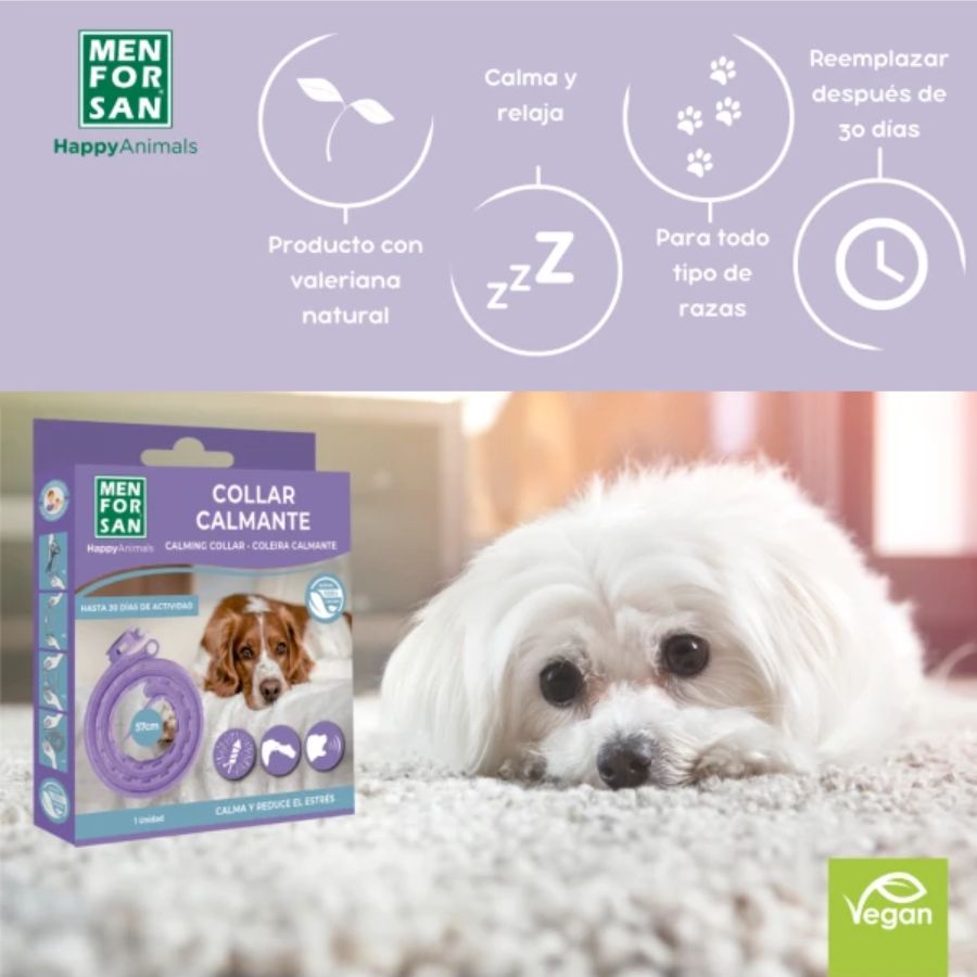 Collar Calmante para Perros Men for San con valeriana natural, reduce ansiedad, estrés y conductas no deseadas. Ajustable y seguro.
