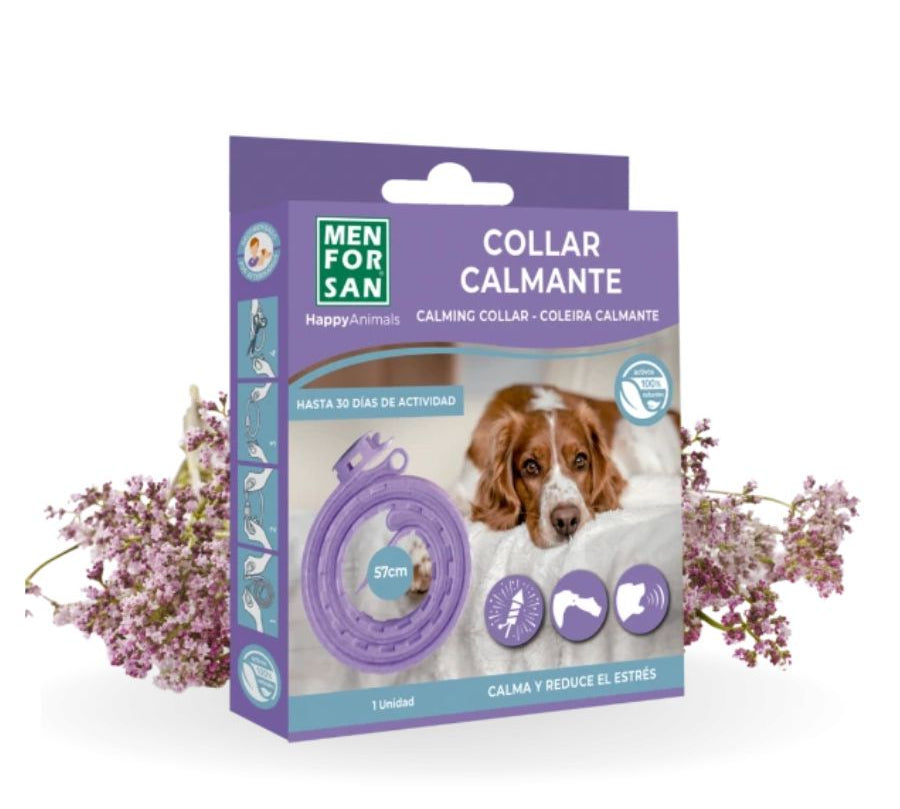 Collar Calmante para Perros Men for San con valeriana natural, reduce ansiedad, estrés y conductas no deseadas. Ajustable y seguro.