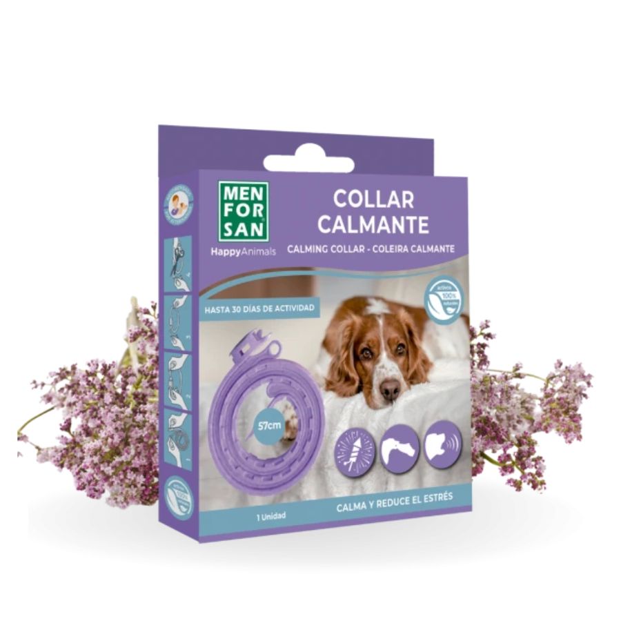 Collar Calmante para Perros Men for San con valeriana natural, reduce ansiedad, estrés y conductas no deseadas. Ajustable y seguro.