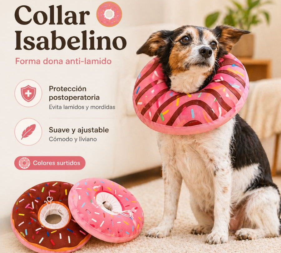 Collar Isabelino Forma Dona Protección Anti-Lamido, ideal para perros y gatos. Comodidad y seguridad postoperatoria con diseño adorable. 