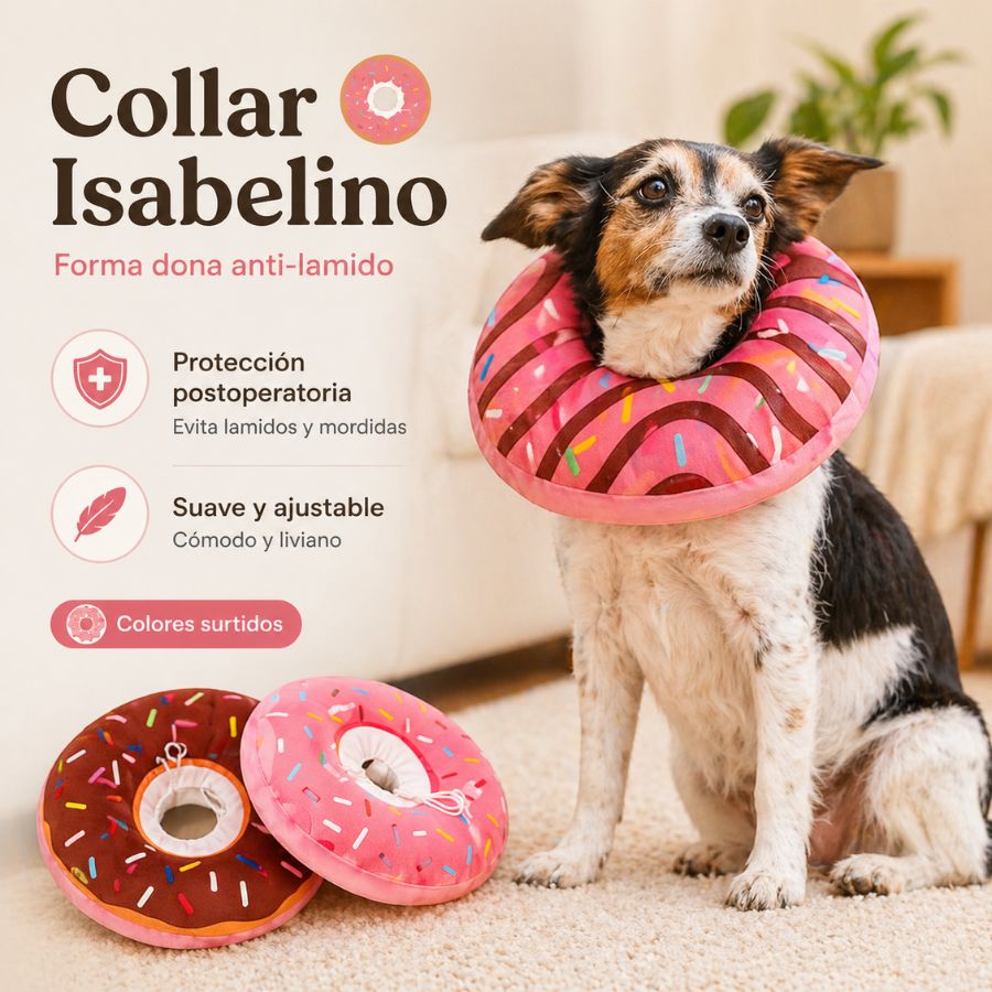 Collar Isabelino Forma Dona Protección Anti-Lamido, ideal para perros y gatos. Comodidad y seguridad postoperatoria con diseño adorable. 
