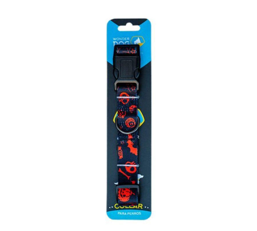 Collar de Halloween para Perros WonderDog 🎃, con diseño reflectante y fluorescente para mayor seguridad. ¡Ideal para paseos nocturnos!
