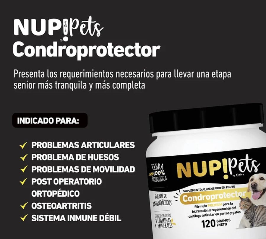 Condroprotector NUP! PETS 120g, suplemento en polvo para fortalecer articulaciones de perros y gatos. Alivia el dolor y mejora la salud ósea.