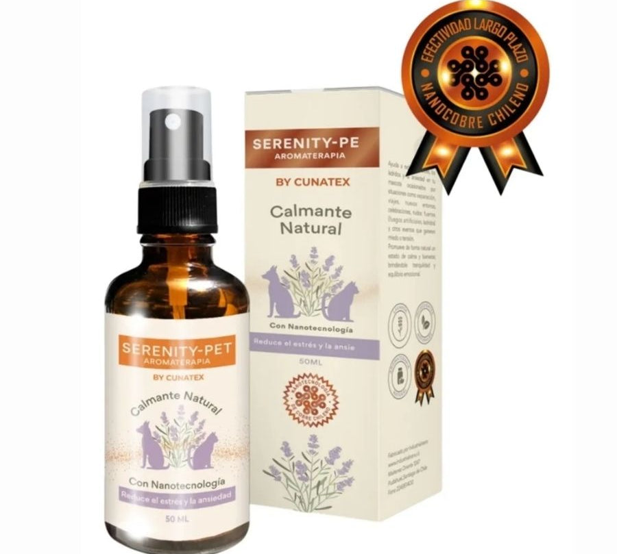 Cunatex Calmante Natural con Nanotecnología Serenity-Pet 50ml reduce estrés y ansiedad en mascotas con aceites esenciales y cobre, ideal para perros y gatos.