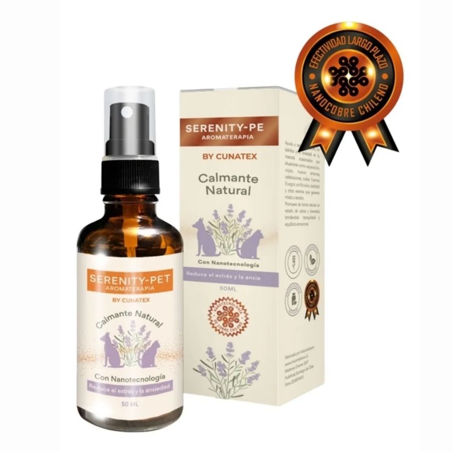 Cunatex Calmante Natural con Nanotecnología Serenity-Pet 50ml reduce estrés y ansiedad en mascotas con aceites esenciales y cobre, ideal para perros y gatos.