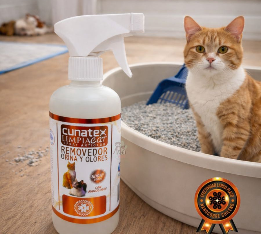 Cunatex Limpiacat Removedor Orina y Olores 500ml elimina malos olores, desinfecta con nanocobre y deja aroma a lavanda. Limpieza profunda y protección prolongada.