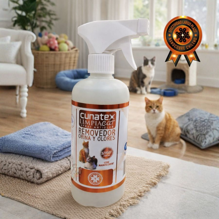 Cunatex Limpiacat Removedor Orina y Olores 500ml elimina malos olores, desinfecta con nanocobre y deja aroma a lavanda. Limpieza profunda y protección prolongada.