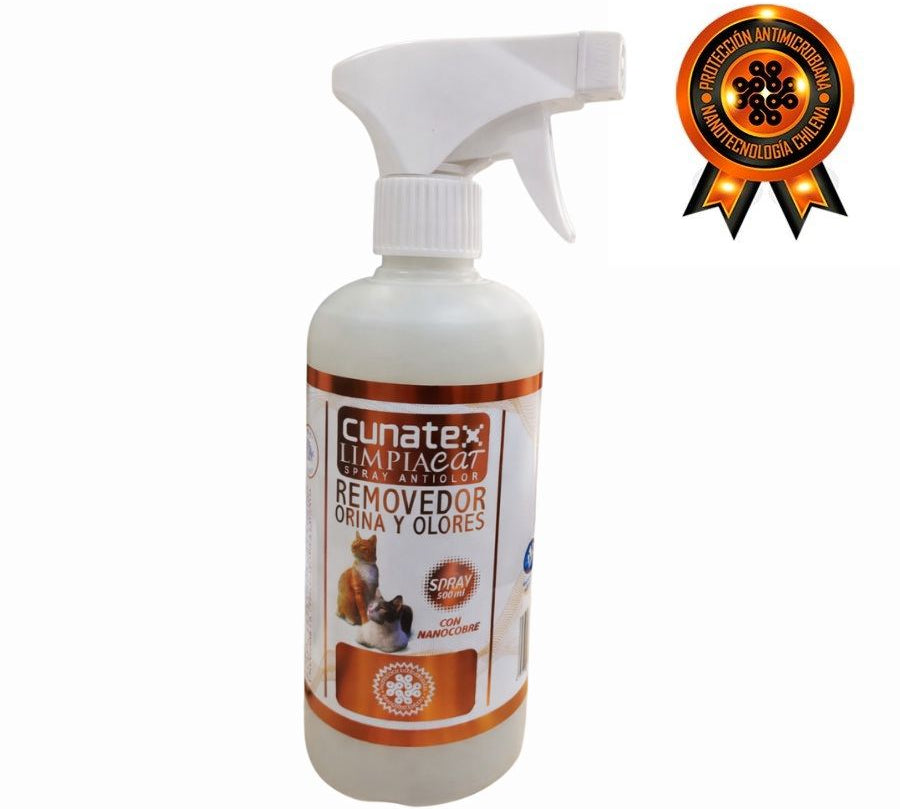Cunatex Limpiacat Removedor Orina y Olores 500ml elimina malos olores, desinfecta con nanocobre y deja aroma a lavanda. Limpieza profunda y protección prolongada.