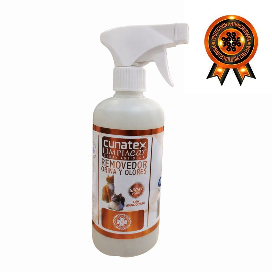 Cunatex Limpiacat Removedor Orina y Olores 500ml elimina malos olores, desinfecta con nanocobre y deja aroma a lavanda. Limpieza profunda y protección prolongada.