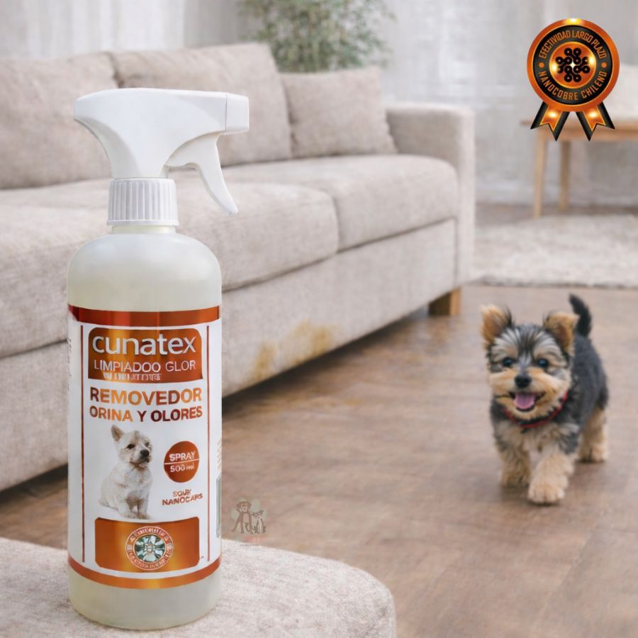 Cunatex Limpiadog 500ml elimina orina y olores con nanopartículas de cobre. Antimicrobiano, seguro y eficaz, con fresco aroma a lavanda.