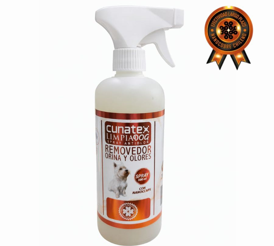 Cunatex Limpiadog 500ml elimina orina y olores con nanopartículas de cobre. Antimicrobiano, seguro y eficaz, con fresco aroma a lavanda.