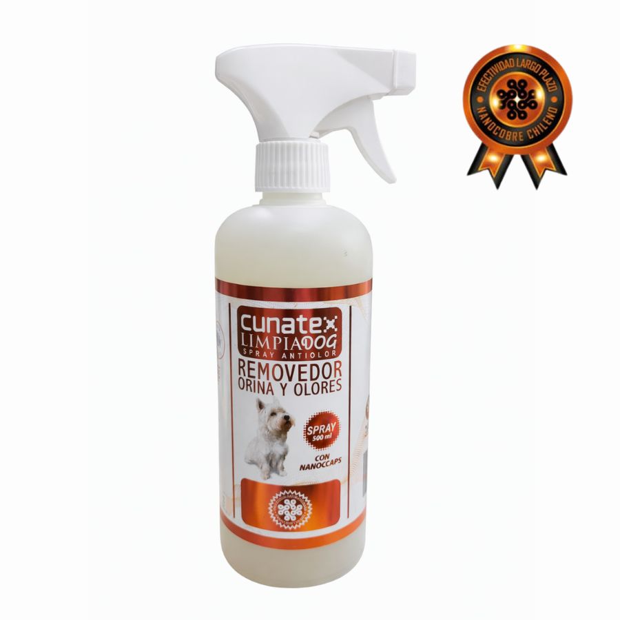 Cunatex Limpiadog 500ml elimina orina y olores con nanopartículas de cobre. Antimicrobiano, seguro y eficaz, con fresco aroma a lavanda.