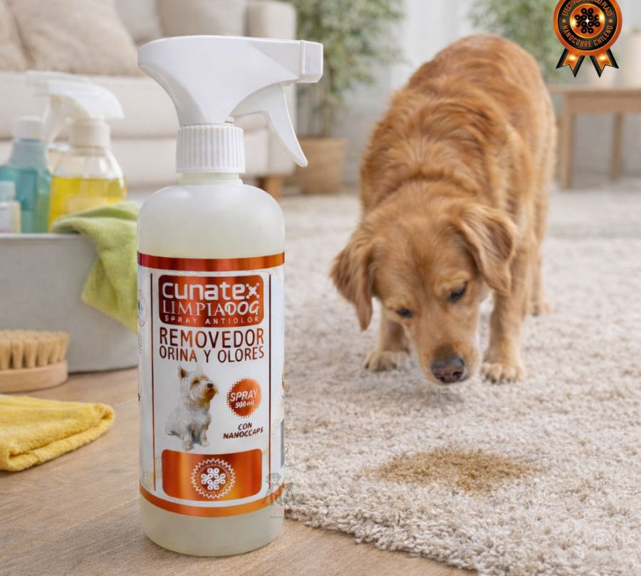 Cunatex Limpiadog 500ml elimina orina y olores con nanopartículas de cobre. Antimicrobiano, seguro y eficaz, con fresco aroma a lavanda.