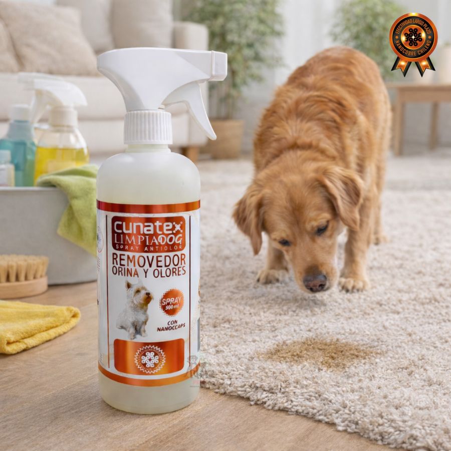 Cunatex Limpiadog 500ml elimina orina y olores con nanopartículas de cobre. Antimicrobiano, seguro y eficaz, con fresco aroma a lavanda.