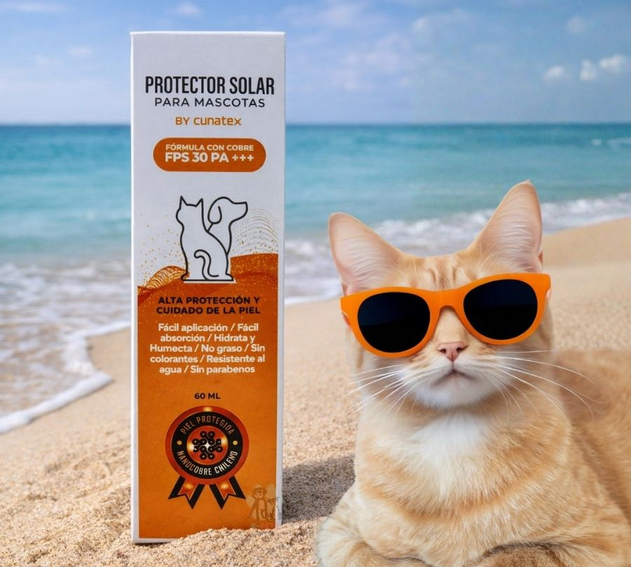 Cunatex Protector Solar para Mascotas con Nano Cobre 60ML ofrece fotoprotección FPS 30 PA+++, hidratación y cuidado regenerativo para pieles sensibles.