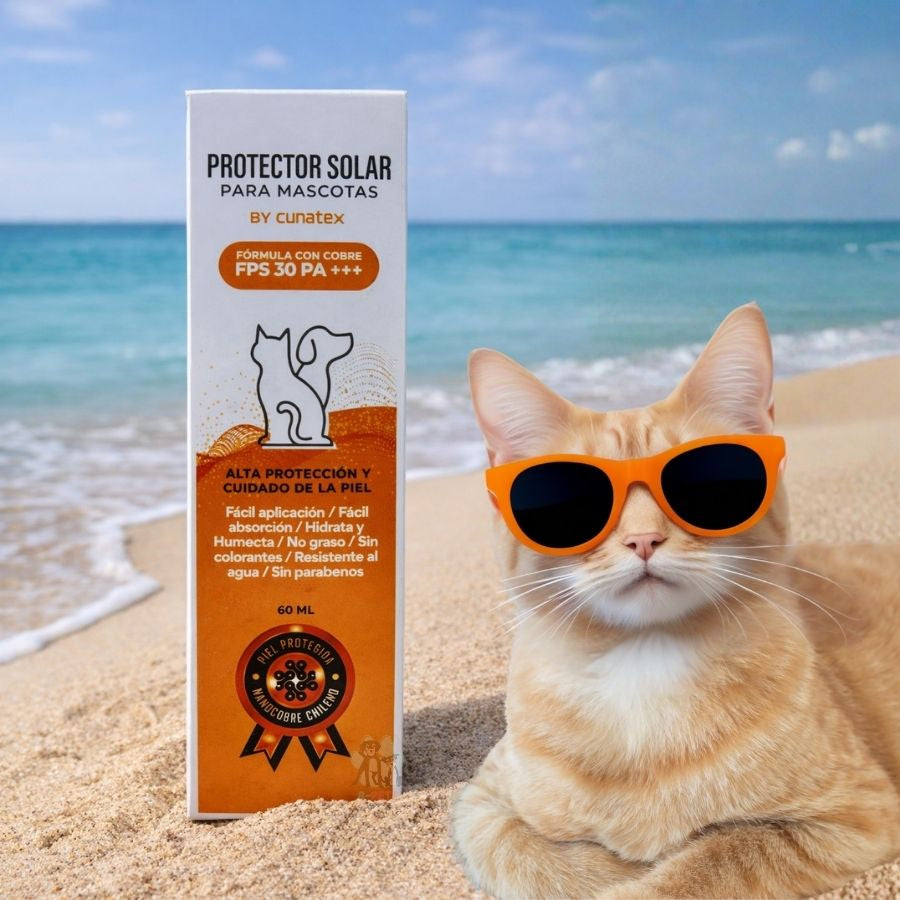 Cunatex Protector Solar para Mascotas con Nano Cobre 60ML ofrece fotoprotección FPS 30 PA+++, hidratación y cuidado regenerativo para pieles sensibles.