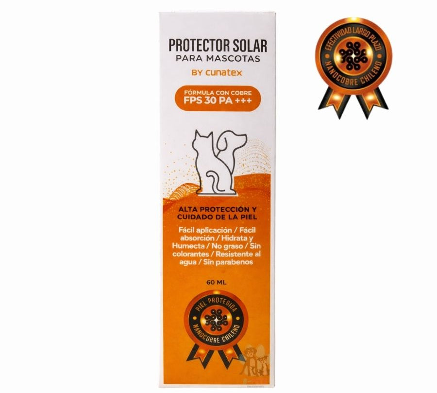 Cunatex Protector Solar para Mascotas con Nano Cobre 60ML ofrece fotoprotección FPS 30 PA+++, hidratación y cuidado regenerativo para pieles sensibles.