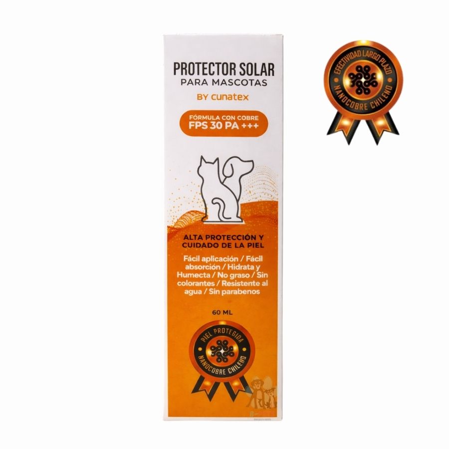 Cunatex Protector Solar para Mascotas con Nano Cobre 60ML ofrece fotoprotección FPS 30 PA+++, hidratación y cuidado regenerativo para pieles sensibles.