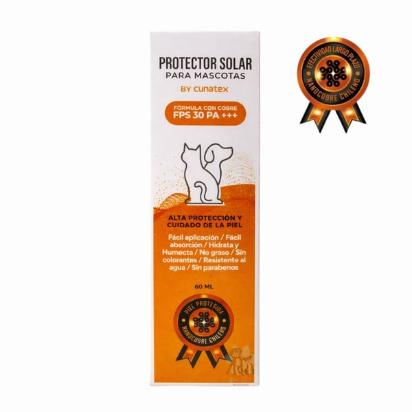 Cunatex Protector Solar para Mascotas con Nano Cobre 60ML ofrece fotoprotección FPS 30 PA+++, hidratación y cuidado regenerativo para pieles sensibles.