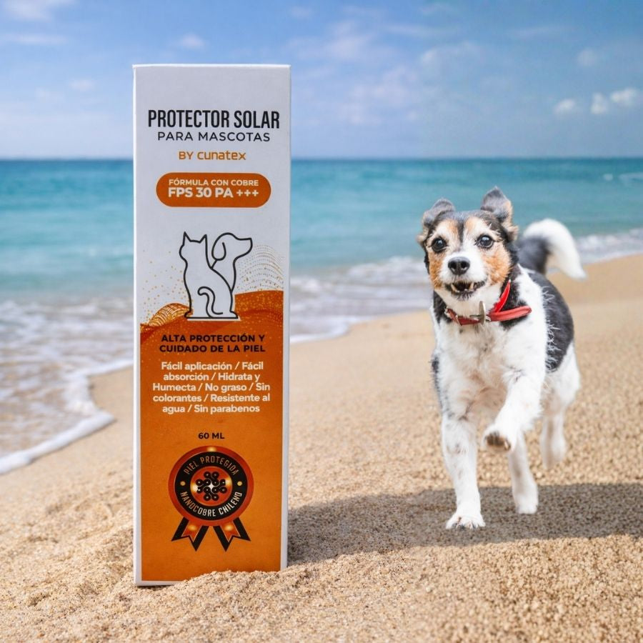 Cunatex Protector Solar para Mascotas con Nano Cobre 60ML ofrece fotoprotección FPS 30 PA+++, hidratación y cuidado regenerativo para pieles sensibles.