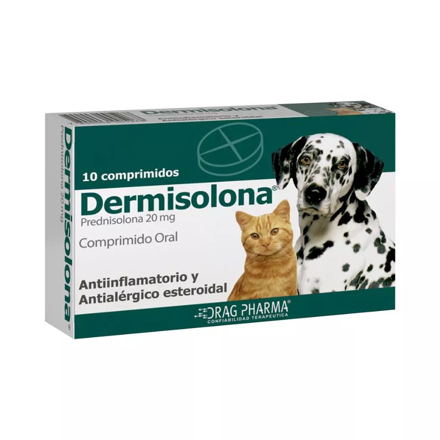 Dermisolona 20 mg 10 Comprimidos, antiinflamatorio esteroidal para perros y gatos, ideal para alergias, EII y terapia inmunosupresora.