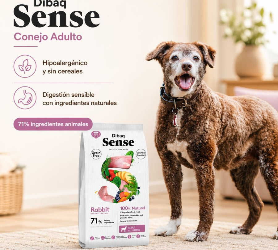Dibaq Sense Conejo para Perro Adulto 2kg, receta hipoalergénica sin cereales, ideal para perros con digestión sensible.