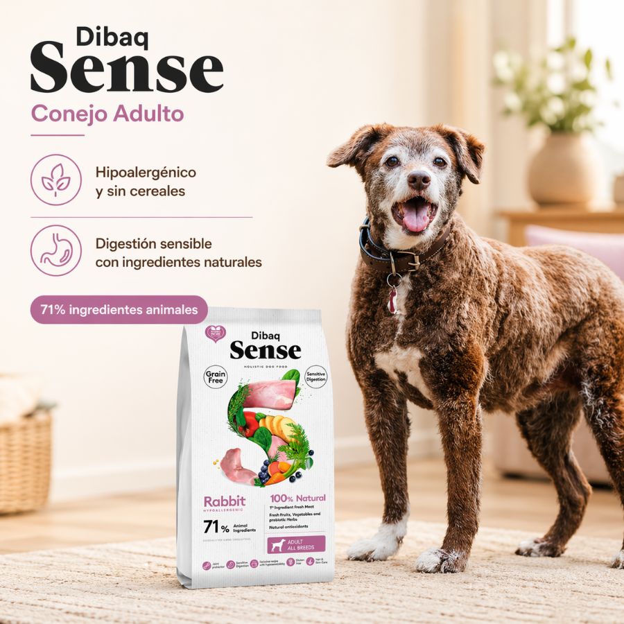 Dibaq Sense Conejo para Perro Adulto 2kg, receta hipoalergénica sin cereales, ideal para perros con digestión sensible.