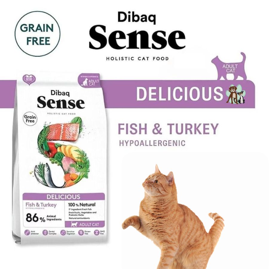 Dibaq Sense Grain Free Cat Pescado & Pavo 1.5KG: Alimento hipoalergénico para gatos adultos, con 86% de proteína animal, omega 3 y antioxidantes. ¡Cuida la salud de tu gato con esta receta de calidad!