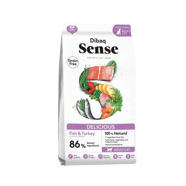 Dibaq Sense Grain Free Cat Pescado & Pavo 6KG: Alimento hipoalergénico para gatos adultos, con 86% de proteína animal, omega 3 y antioxidantes. ¡Cuida la salud de tu gato con esta receta de calidad!