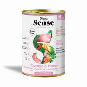 Dibaq Sense Lata para Perros Conejo y Pavo alimento húmedo natural, hipoalergénico y fácil de digerir, ideal para perros adultos con estómagos sensibles.