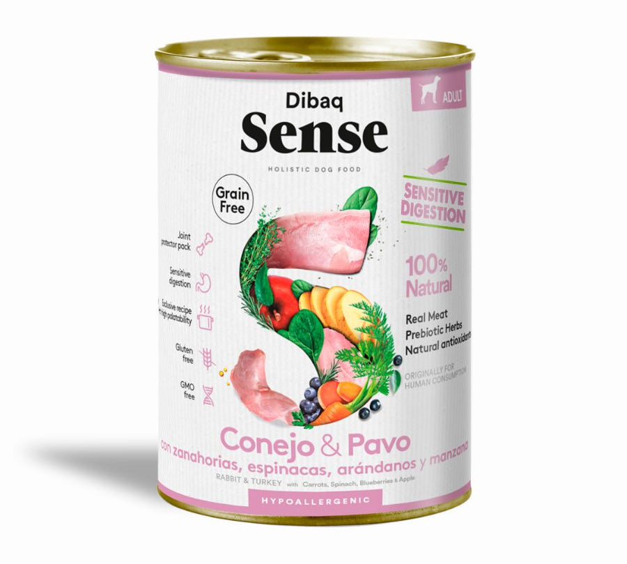 Dibaq Sense Lata para Perros Conejo y Pavo alimento húmedo natural, hipoalergénico y fácil de digerir, ideal para perros adultos con estómagos sensibles.